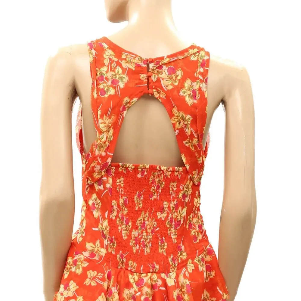 Free People Raven Printed Mini Dress Smocked Keyhole Ruffle Trendy S 288782